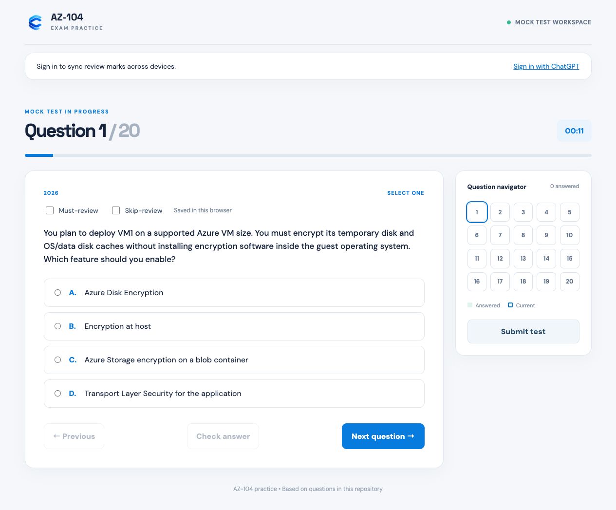 AZ-104 mock-test screen showing a question with its answer hidden, must-review and skip-review controls, and a question navigator.