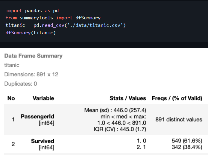 screenshot of summarytools python package